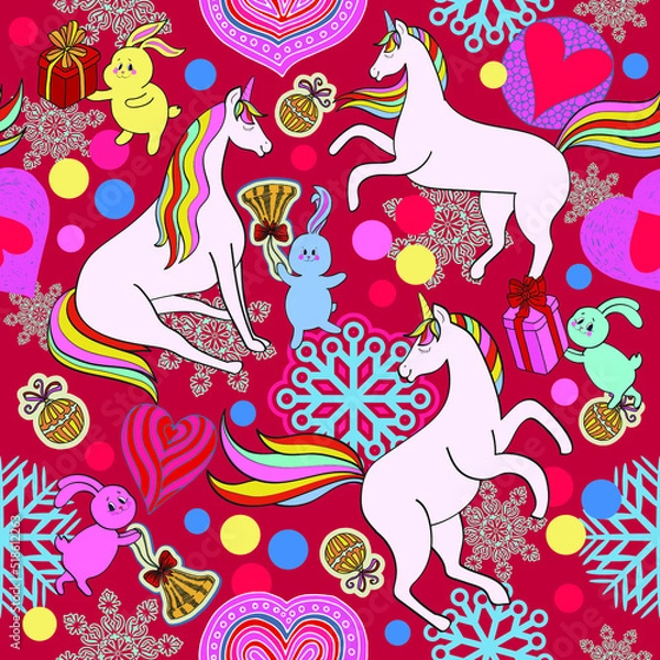 Fototapeta Christmas Unicorns and Rabbits Fantasy Pattern, Chinese New Year 2023 Zodiac sign on Children's Seamless Funny Background, Holiday Wallpaper for Babies and little Kids