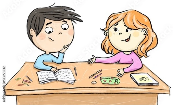 Fototapeta Kids at school or home making homework and chatting. Boy is trying to solve the task and a girl trying to help him. Children sitting at the desk. Friends. Schoolmates. Hand drawn cartoon illustration.