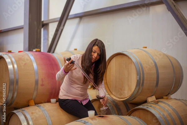 Obraz woman making a sample of red wine from barrel with a special tool