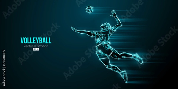 Obraz Abstract silhouette of a volleyball player on blue background. Volleyball player man hits the ball. Vector illustration
