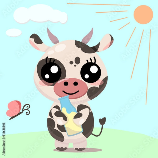Fototapeta Joyful illustration with cow in cartoon style and bottle of milk for funny or romantic greeting card
