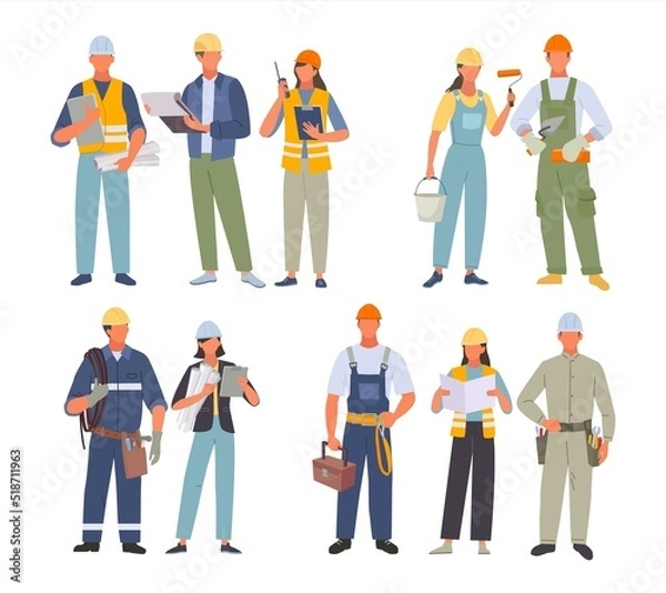 Fototapeta industrial workers. professions engineers painters electricians technicians architects and builders in uniform standing together. Vector people workers