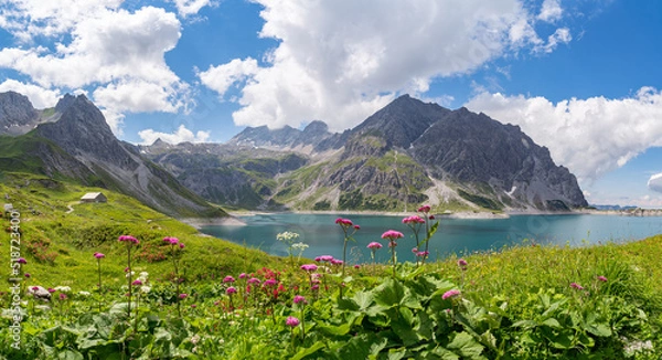 Fototapeta Mountain panorama of the Lünersee in the Brandnertal valley with colorful mountain flowers in the foreground