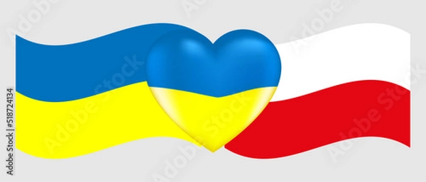 Fototapeta Vector drawing volume heart in the colors of the Ukrainian flag and flags of Ukraine and Polish