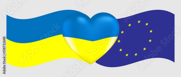 Fototapeta Vector drawing volume heart in the colors of the Ukrainian flag and flags of Ukraine and Euro union