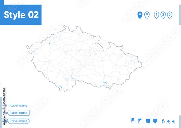 Fototapeta Czech Republic - stroke map isolated on white background with water and roads. Vector map