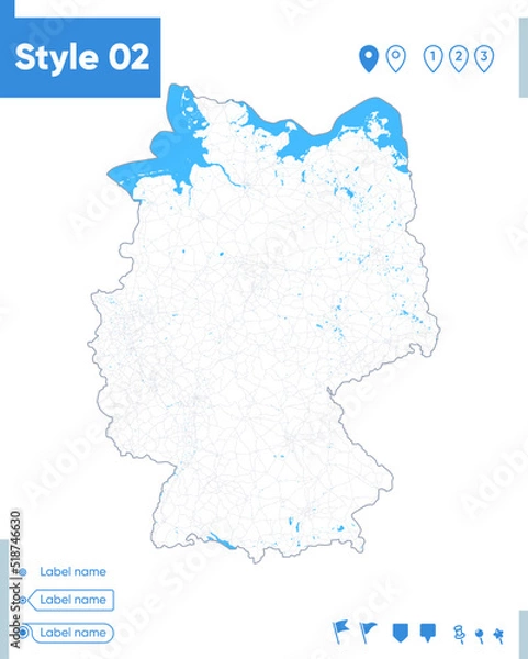 Fototapeta Germany - stroke map isolated on white background with water and roads. Vector map