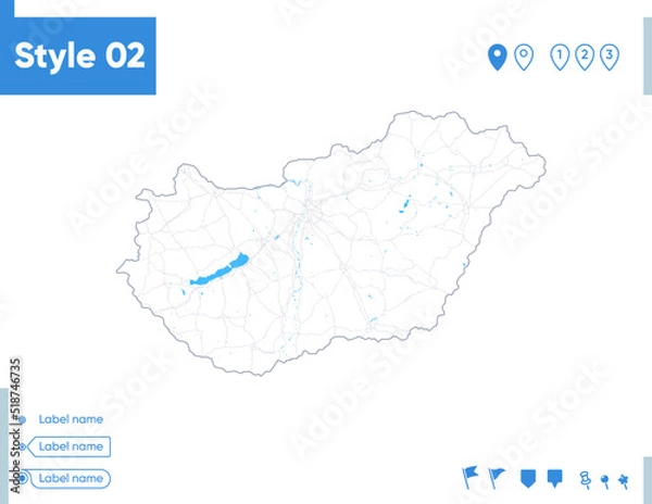 Fototapeta Hungary - stroke map isolated on white background with water and roads. Vector map