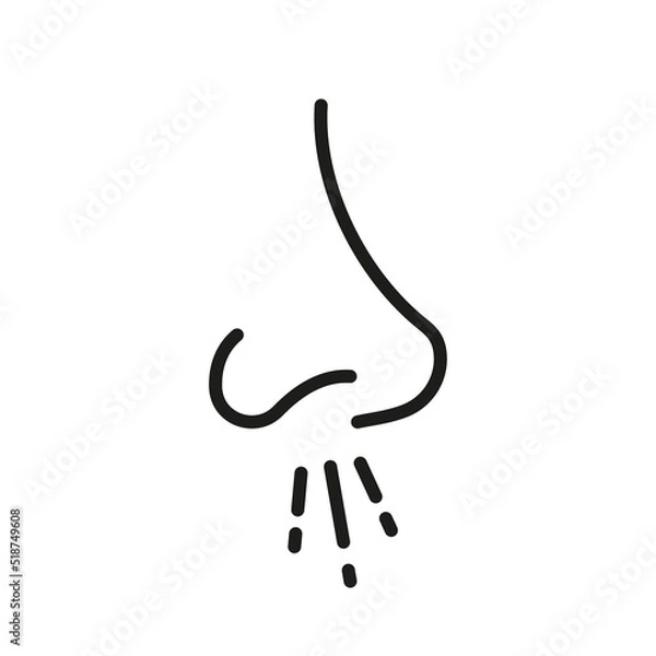 Fototapeta Nasal Rhinitis Ill Symptom Outline Pictogram. Cold Flu Virus Flat Symbol. Runny Nose Blowing Black Line Icon. Allergy Nose Infection. Allergic Respiratory Sickness. Isolated Vector Illustration