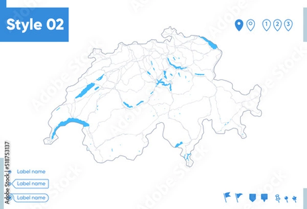 Fototapeta Switzerland - stroke map isolated on white background with water and roads. Vector map
