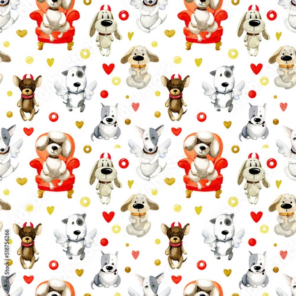 Fototapeta Watercolor cute animals. Seamless pattern. Cute puppies with angel wings and devil horns, and a poodle sitting on a chair, isolated on a white background