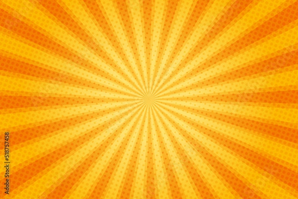 Fototapeta Sun rays retro vintage style on yellow and orange background, Comic pattern with starburst and halftone. Cartoon retro sunburst effect with dots. Rays. Summer banner vector illustration.