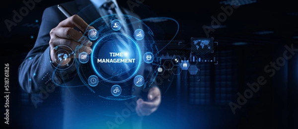 Fototapeta Time management planning productivity business concept. Businessman pressing button.