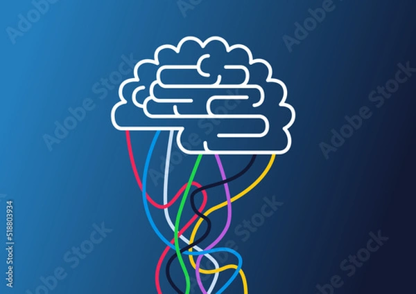 Fototapeta Vector illustration of a brain symbol with connected strings. Concept for artificial intelligence AI, brain internet interface.