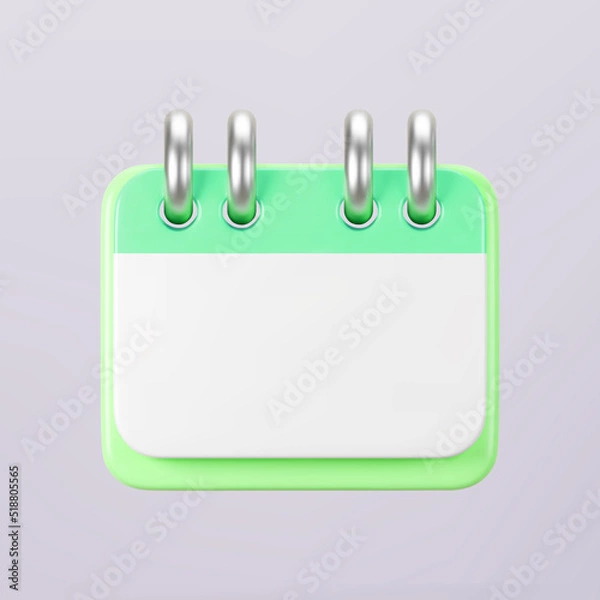 Fototapeta 3d green calendar icon on gray background. Render of daily birthday schedule planner, valentine's or wedding day. Calendar events plan, work planning concept. 3d cartoon simple vector illustration