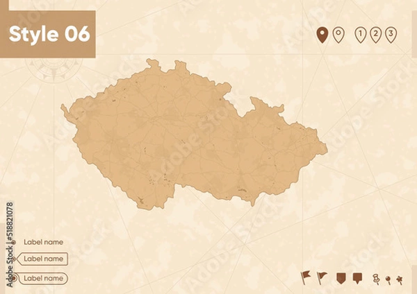 Fototapeta Czech Republic - map in vintage style, retro style map, sepia, vintage. Vector map.