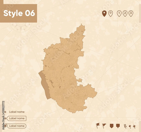 Fototapeta Karnataka, India - map in vintage style, retro style map, sepia, vintage. Vector map.