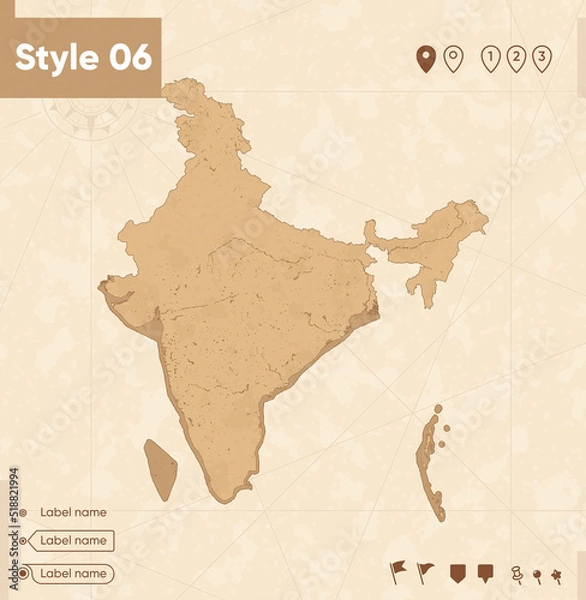 Fototapeta India - map in vintage style, retro style map, sepia, vintage. Vector map.