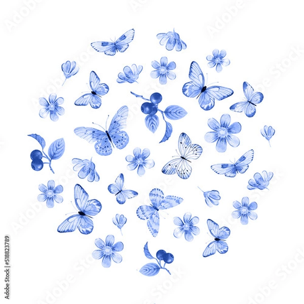 Fototapeta Watercolor set of butterflies, flowers and blueberries. Hand drawn summer insects and plants. Design for packaging, greeting card and invitation.