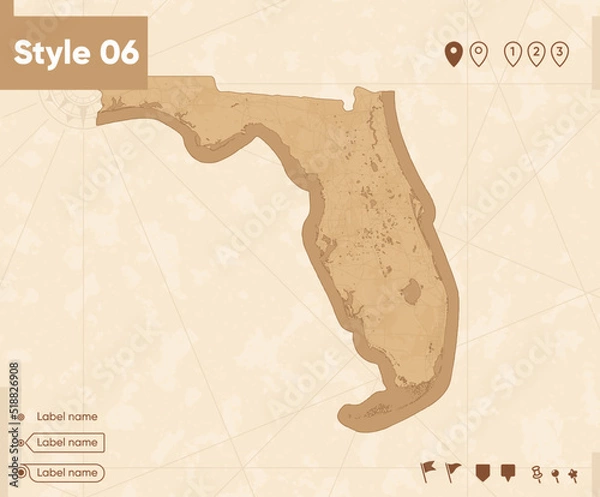 Fototapeta Florida, USA - map in vintage style, retro style map, sepia, vintage. Vector map.