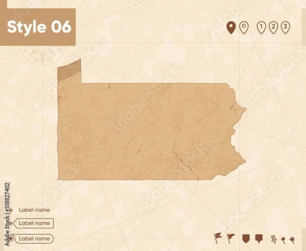 Fototapeta Pennsylvania, USA - map in vintage style, retro style map, sepia, vintage. Vector map.