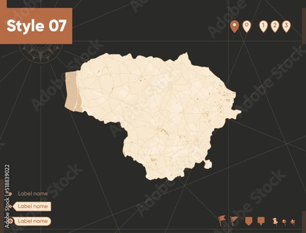 Fototapeta Lithuania - map in vintage style, retro style, sepia, vintage. Vector map.