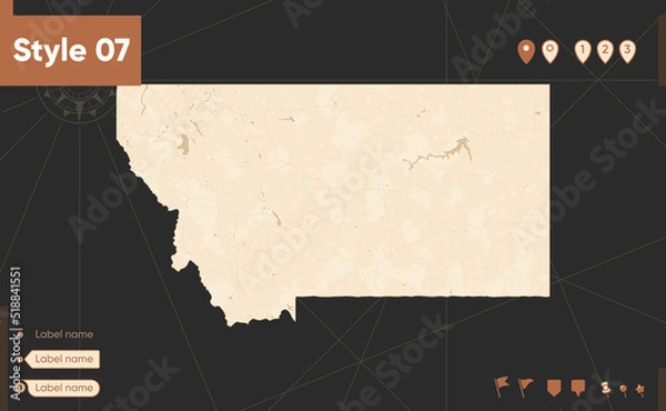 Fototapeta Montana, USA - map in vintage style, retro style, sepia, vintage. Vector map.