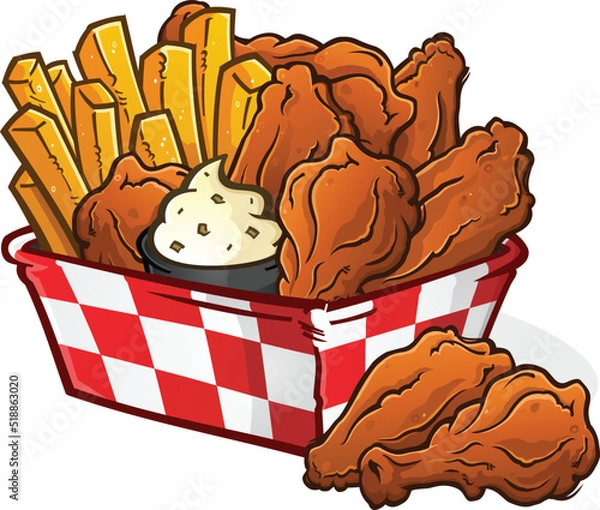 Obraz An irresistible chicken wing basket with crispy golden French fries fresh from the deep fryer