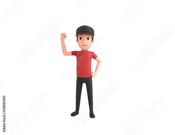 Fototapeta Fast Food Restaurant Worker character raising right fist in 3d rendering.