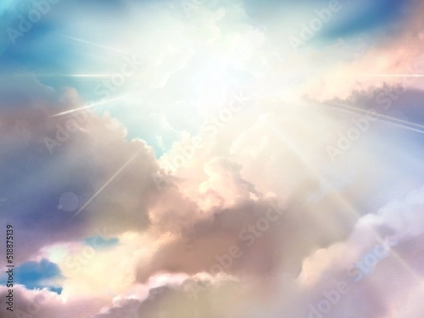 Fototapeta Illustration of the mysterious gate leading to  the heaven and the divine light shining through a gap in the sea of clouds Beyond the falling white．