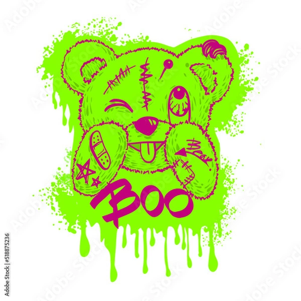 Fototapeta cute bear toy punk style with tattoo for t-shirt print design vector illustration and slogan "Boo" Halloween concept