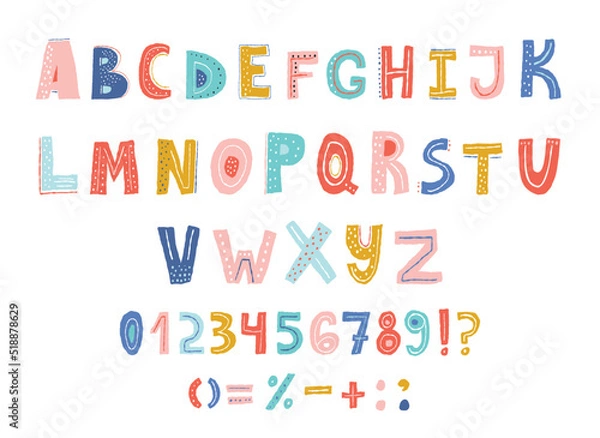 Fototapeta Colorful childish alphabet, letters and numbers vector illustration.