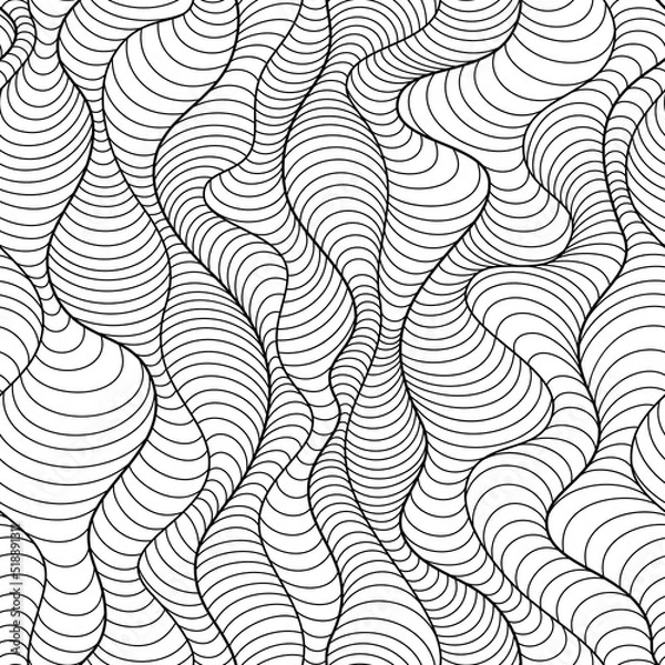 Fototapeta Seamless vector texture of smooth vertical lines in the form of waves painted with horizontal stripes.Linear black seamless pattern isolated on white background.
