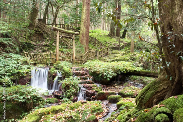 Obraz Old torii in the mountains and waterfalls