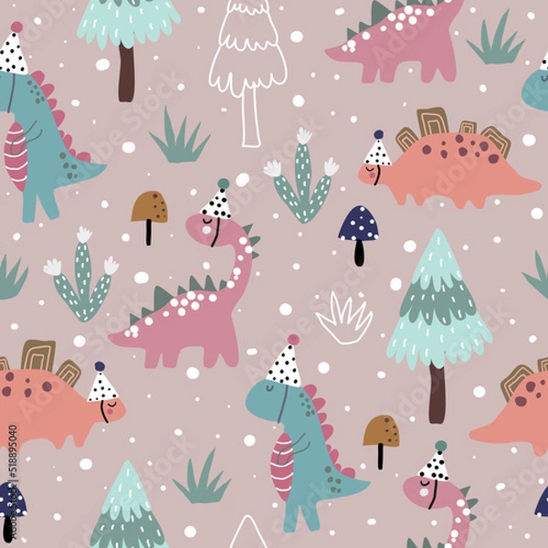 Fototapeta Seamless pattern with dinosaurs, Christmas trees, cactus, mushrooms, grass and snow on pink background. Christmas pattern.