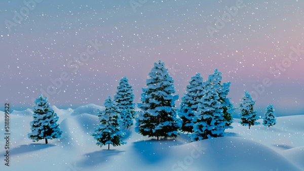 Obraz New Year background with winter snow-covered Christmas trees and snowdrifts early morning dark snow falls. 3d illustration