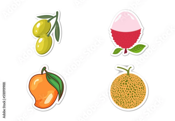 Fototapeta Sticker set of different fruits, Flat vector illustration
