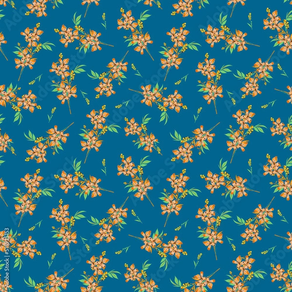 Fototapeta Floral bouquet vector pattern with small flowers and leaves, Design for fashion