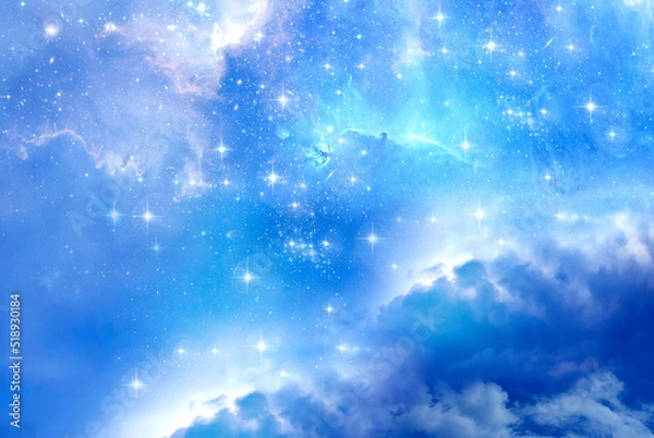 Fototapeta blue abstract mystic magical cosmic universe spiritual angelic background with stars, nebula, rays of light and clouds