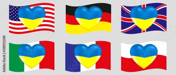 Fototapeta Vector drawing volume heart in the colors of the Ukrainian flag with highlights on background flags countries Europe and USA