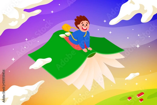 Obraz Cartoon cute boy sits on a flying book in the sky