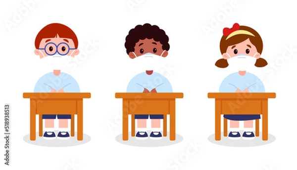 Obraz Cute cartoon students clipart wearing face mask in class
