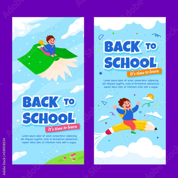 Obraz Back to school vertical banner design template with a boy sits on a flying book and flying pencil in the sky
