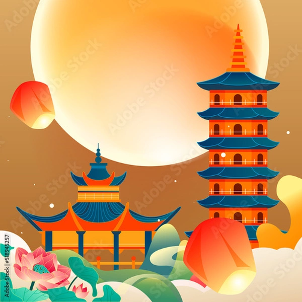 Fototapeta Mid-autumn festival on August 15th, Chinese mythology story Chang'e flying to the moon with moon and clouds in the background, vector illustration