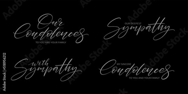 Fototapeta Condolences card set. Handwritten modern lwttering on black background. Condolence messages.