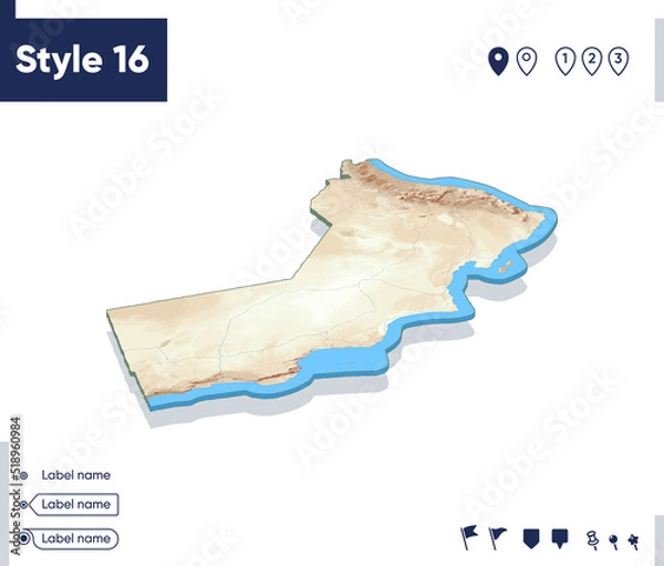 Fototapeta Oman - map with shaded relief, land cover, rivers, mountains. Biome map with shadow.