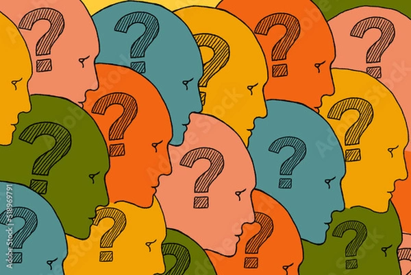 Fototapeta Human faces with question marks inside. FAQ. Frequently Asked Questions.