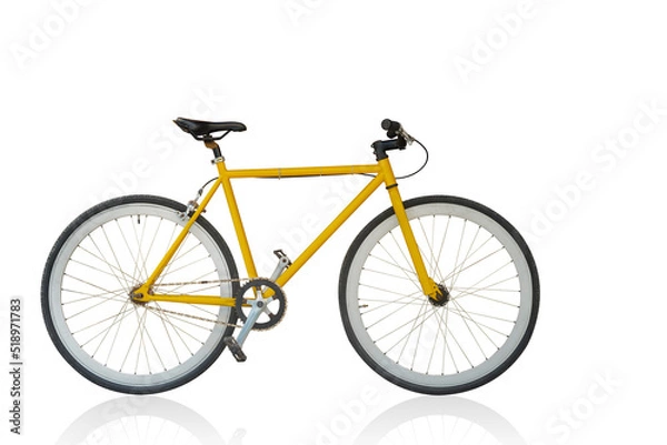 Fototapeta side view yellow and black bicycle on white background, object, fashion, sport, relex, decor, gift, copy space