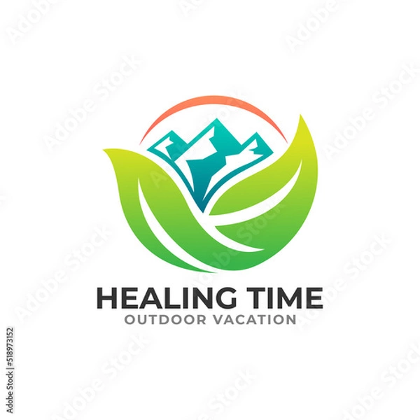 Fototapeta Healing Time Logo with Minimalist Mountain and Leaf Combination Design Concept.