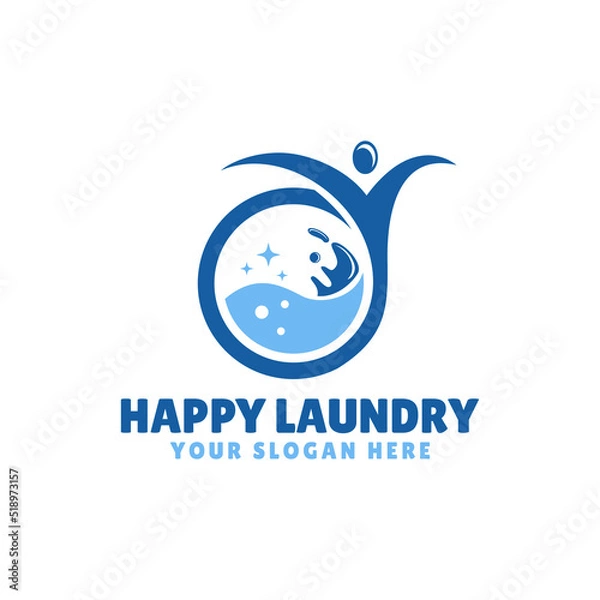 Fototapeta Happy Laundry Logo with Circle Wash Machine and People Shape Combination.